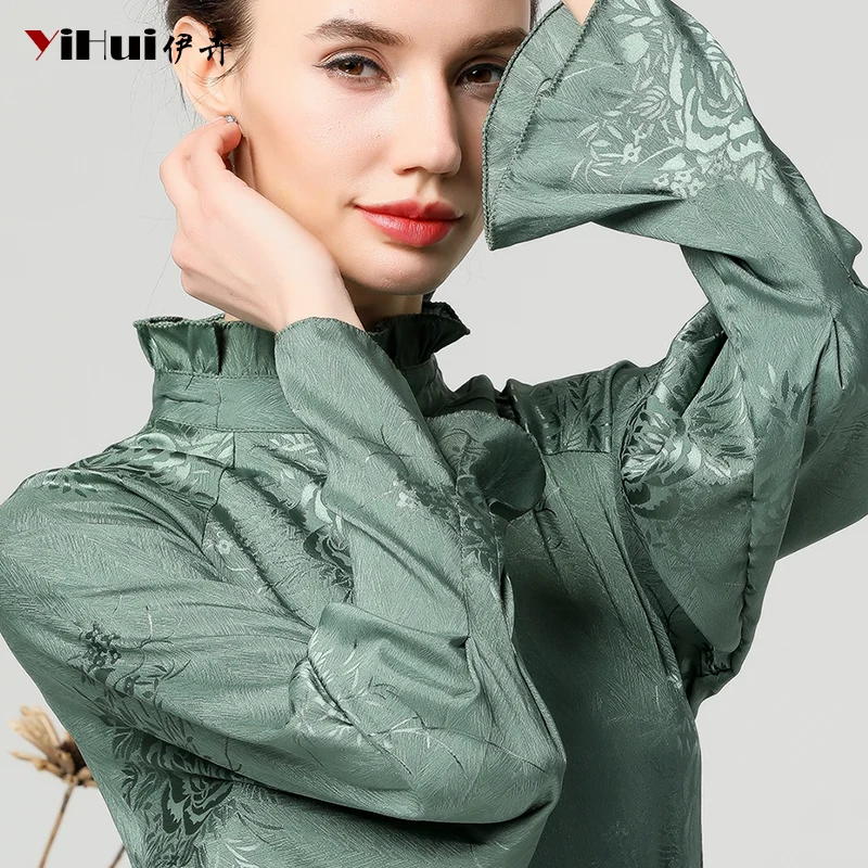 

Vintage Floral Printed Satin Blouse Female Flare Sleeve Stand Ruffled Tops Plus Size Solid Color Mature woman Blouses And Tops