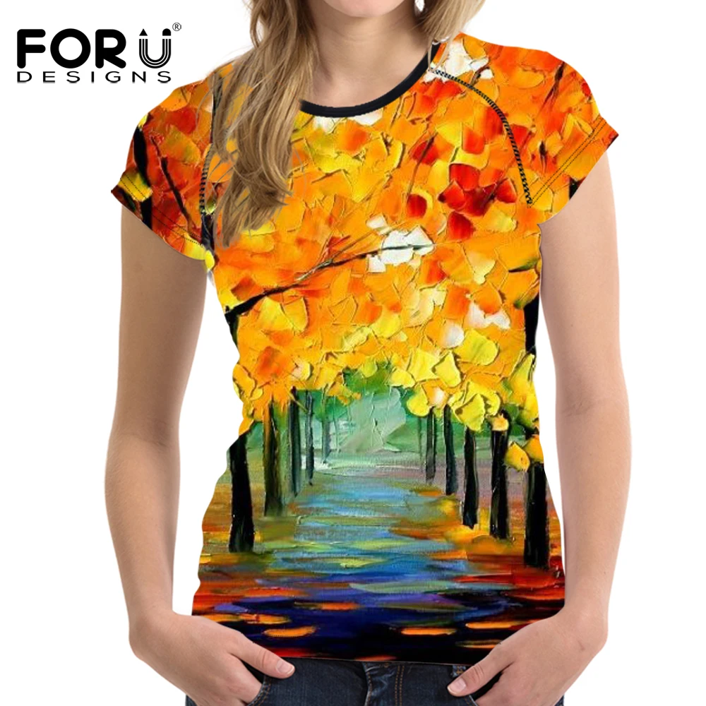 Harga Forudesigns Oil Painting Pohon Cetakan WANITA T Shirt Wanita Kasual Lengan Pendek Kemeja Graffti WANITA T Shirt Ukuran S XXL Tee top