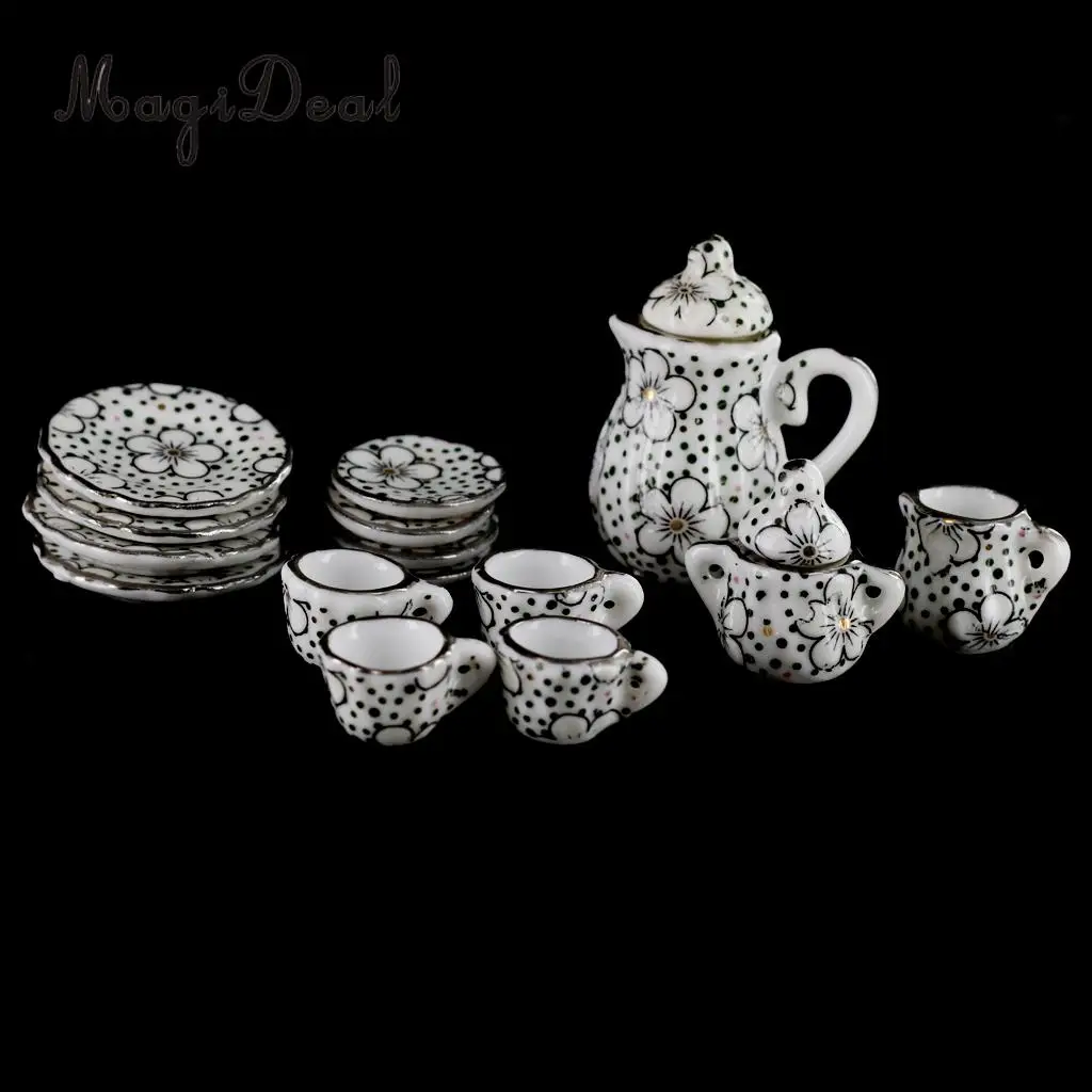 15Pcs/Set 1/12 Dollhouse Miniature Daisy Porcelain Dinning Ware Tea Set Cup Pot Saucer for Dolls Living Room Furniture Decor