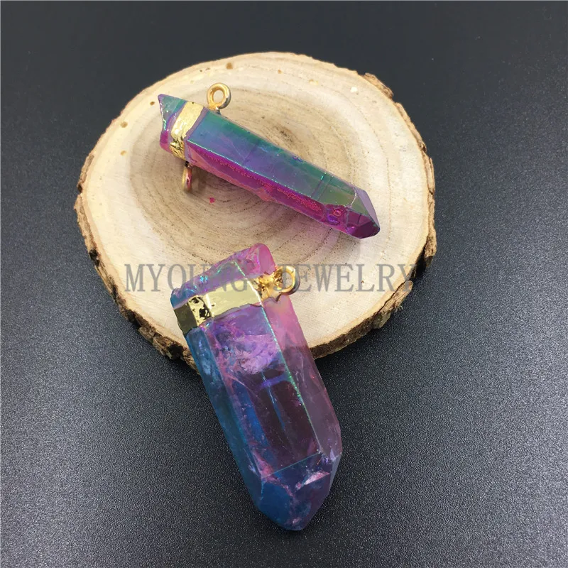 MY0791 Raw Crystal Quartz Titanium Rainbow Pillar Point Pendant, Frost Quartz Spike Connector with Gold Color Band and Bail (2)