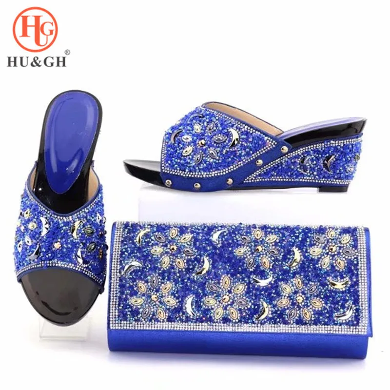 

2018 Italian Design Woman Blue Color Shoes And Bag Set African Style Elegant High Heels Shoes And Purse Sets For Party Wedding