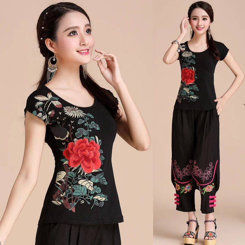 

National trend women slim embroidered short-sleeve o-neck top basic pure cotton shirt chinese style plus size t-shirt female