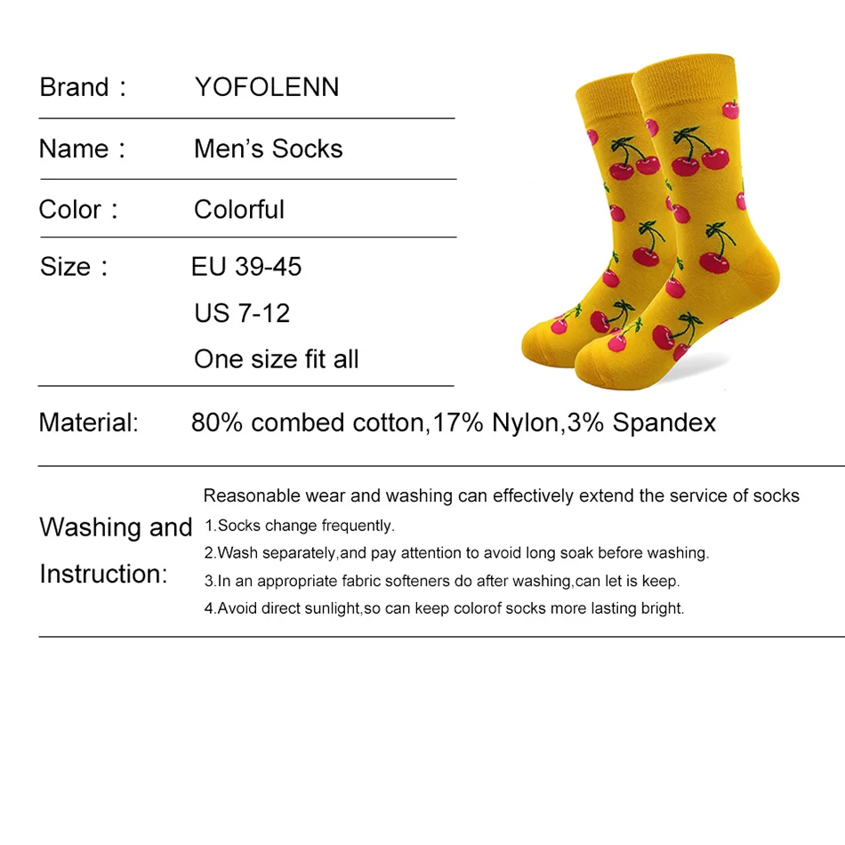 10 Pairs/lot Funny Men's Cotton Socks with Hot Air Balloon Cherry Pineapple Lemon Pattern Long Cool Skateboard Socks Breathable