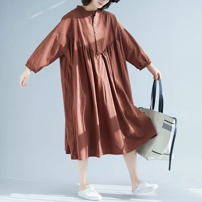 Женское повседневное хлопковое льняное платье с круглым вырезом летнее большого