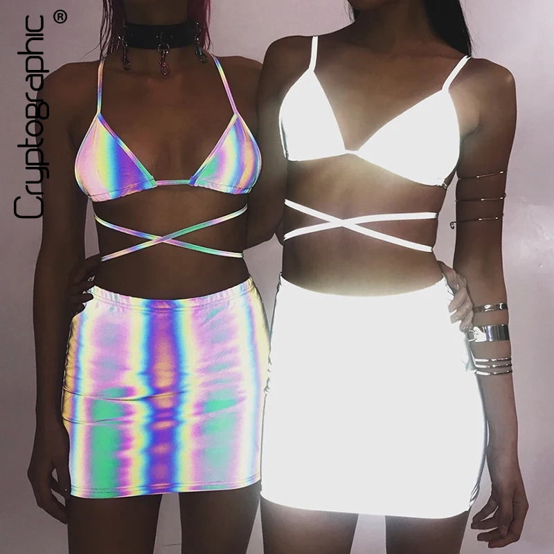 

Cryptographic Chic Silver Holographic Women Sets Lace Up Backless Tops High Waist Skirts 2 Pieces Summer Fashion Outfits 2019