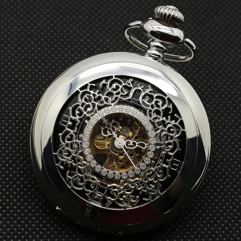 Half Hunter Silver Vintage Mechaincal Hand Wind Pocket Watch Set Fob Chains Best Gift for Men 3
