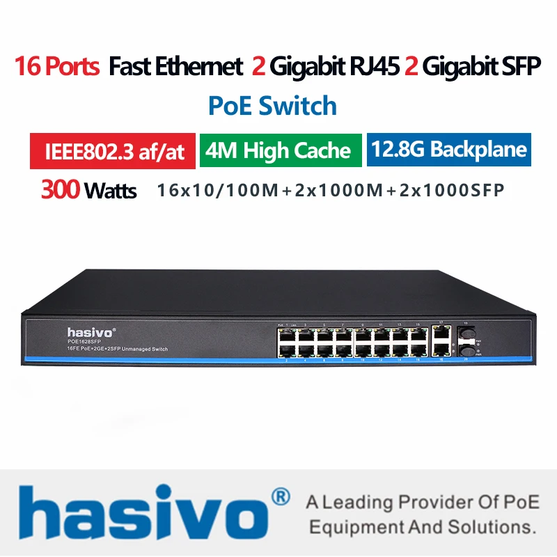 16 портов 48 В PoE коммутатор Быстрый ethernet 2x1000 м gigabit uplink SFP волоконный для ip камеры