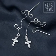Серебро 925 пробы ювелирные изделия инкрустированный цирконами религиозный крест винторезный станок Вытяните нить длинные сережки GTLE409
