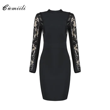 

CIEMIILI Backless O Neck Full Sleeve Lace See Through Bodycon Women Celebrity 2018 Bandage Dress Sexy Party Above Knee Club Wear