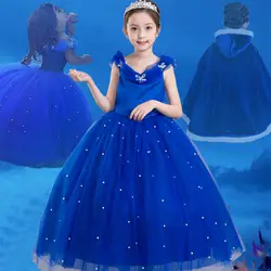Синий Обувь для девочек платье Золушки фантазии Для летних вечеринок Украшенные жемчугом платье без рукавов Эльзы карнавальный костюм