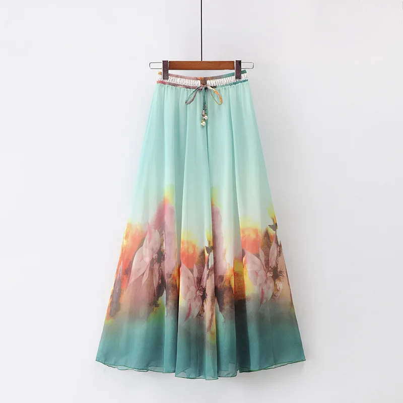 Летние модные женские юбки, универсальные шифоновые юбки с эластичной резинкой на талии, элегантная фатиновая юбка с цветочным принтом, богемная длинная юбка - Цвет: 5