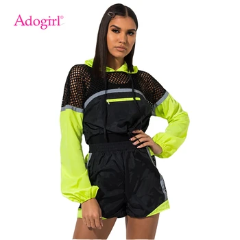 

Adogirl Fishnet Color Patchwork Casual Two Pece Set Women Tracksuit Long Sleeve Hooded Sweatshirts + Summer Shorts Sportswear