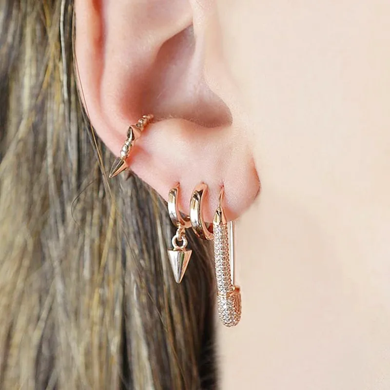 

cute simple classic safety pin minimal earring for young girls women pave pink CZ delicate jewelry