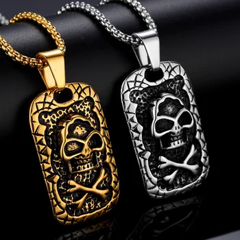 

Hip Hop Rock Pirate Skull Necklace Gold Silver Color Stainless Steel Square Pendants Necklaces Dog Tag for Men Jewerly