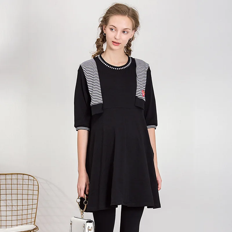 

New Autumn Women Maternity Clothing Half Sleeves Patchwork Pregnant Dresses Over Knees High Quality Soft Fashion Maternity Dress