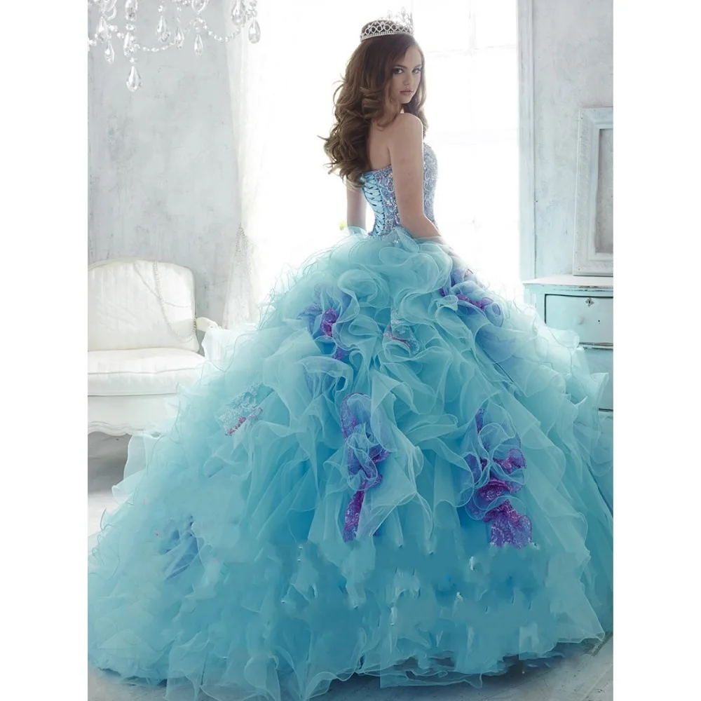 Элегантный Quinceanera Платья Милая Бальное платье Из Органзы Сшитое из Бисера Кристалл Оборками Узелок Vestido Де 15 Anos Q1046