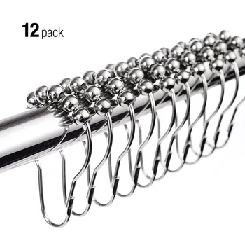 

12pcs/pack Shower Curtain Hooks Polished Satin Nickel 5 Roller Ball Shower Bathroom Curtains Rings Hooks