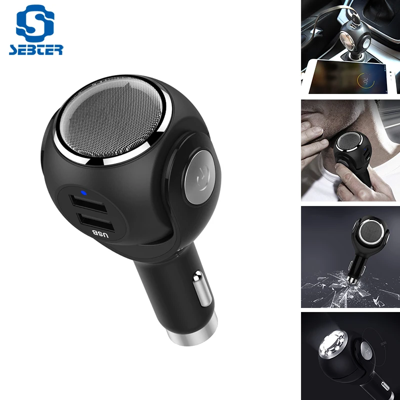 

SEBTER 4 In 1 Multifunction Car Charger Quick Charge 3.0 Double Usb Razor Car Shaver Safety Hammer LED Light Fast Charging Black