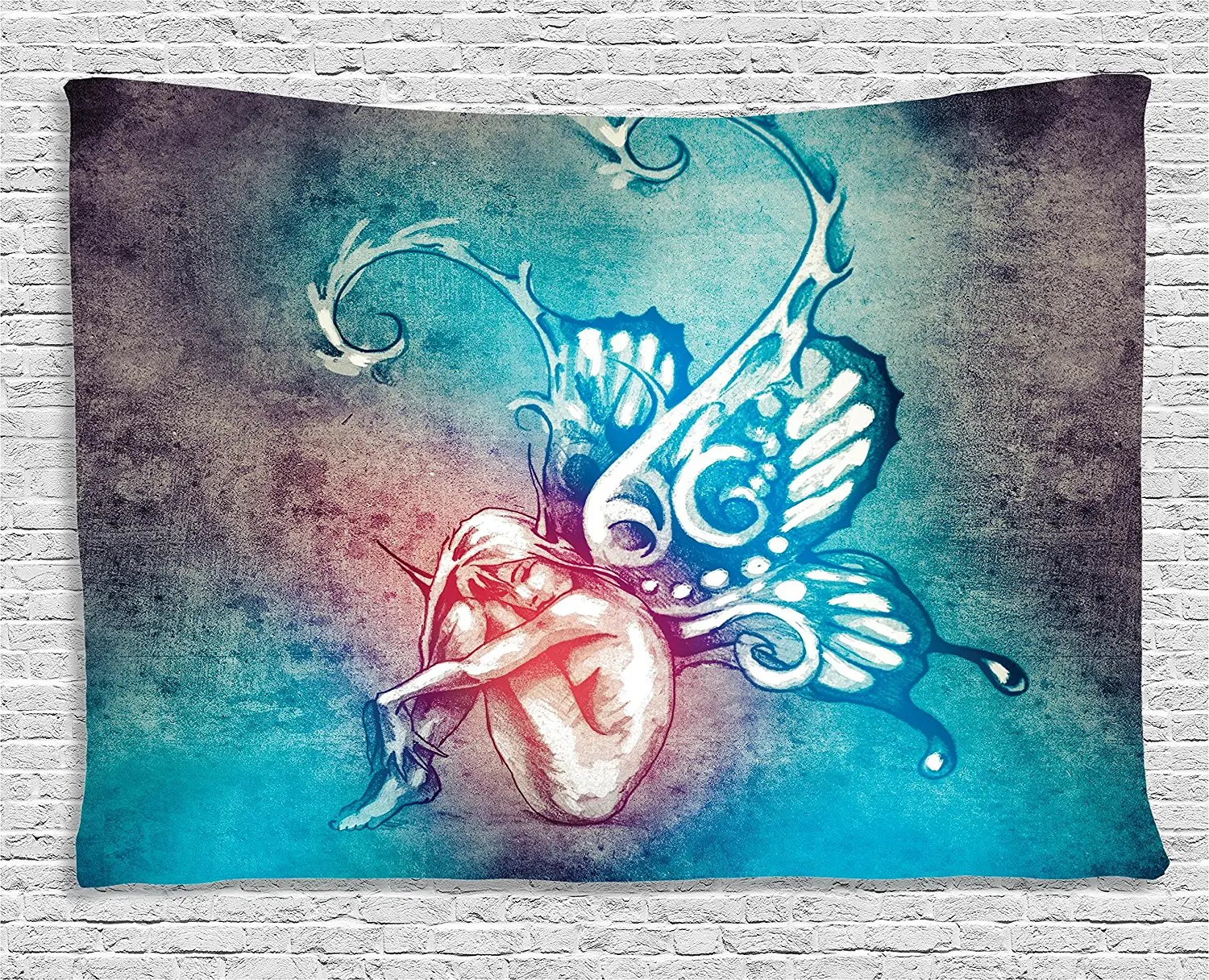 

Colorful Tapestry Butterflies Fairy with Butterfly Wings Renewal Female Rebirth Psyche Lightness of Being Dorm Wall Hanging