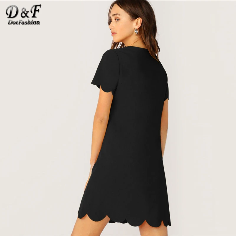 Dotfashion Black Solid Scallop Edge Tunic Dress Women Summer Casual Short Sleeve Dresses Ladies Fashion Straight Dress