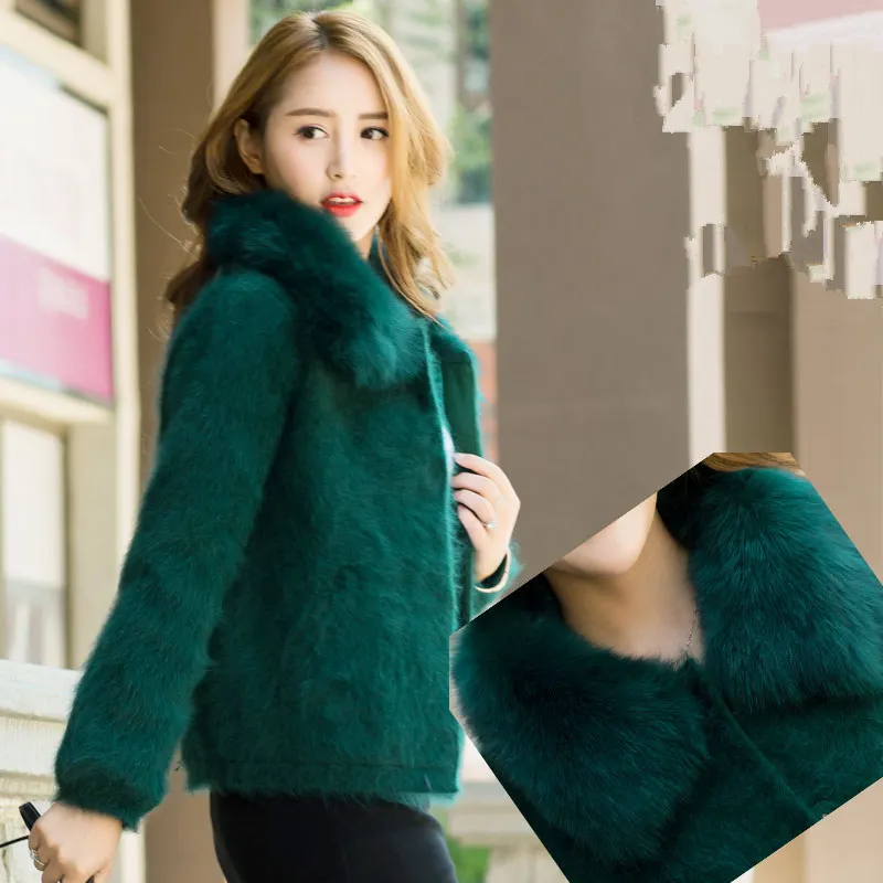 

Autumn and winter thick mink velvet cardigan short section of long-haired mink velvet coat round neck sweater fur collar