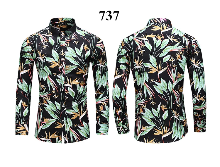 Camisas Floral de Manga Longa Masculina, Com