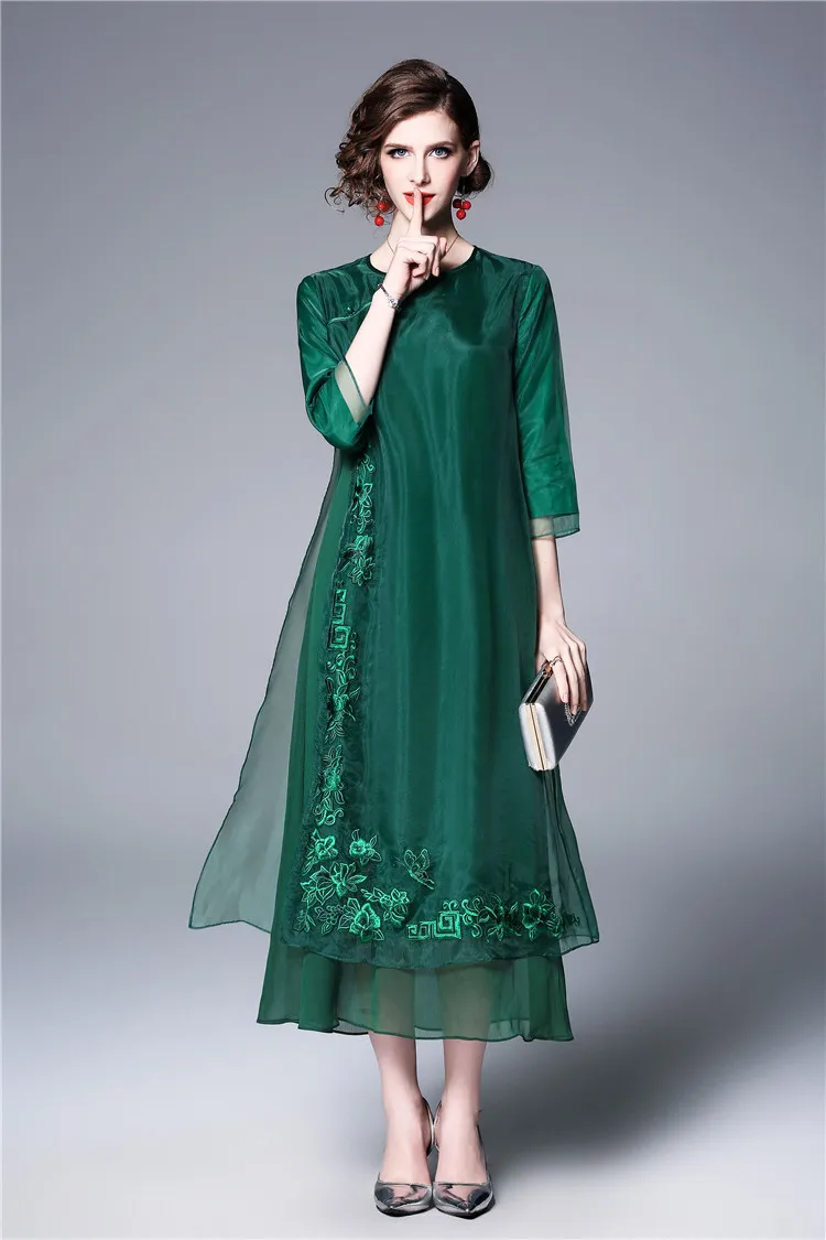 Высококачественное Брендовое длинное платье Qipao весеннее Стильное женское винтажное платье с вышивкой и рукавом 3/4 длиной до щиколотки зеленое розовое платье 50s 60s
