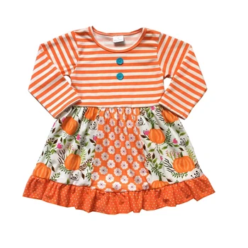 

Children New Style High Quality Baby Girl Ruffle Sleeve Cotton Long Sleeve Children Clothing For Halloween Pumpkin Girl Dress