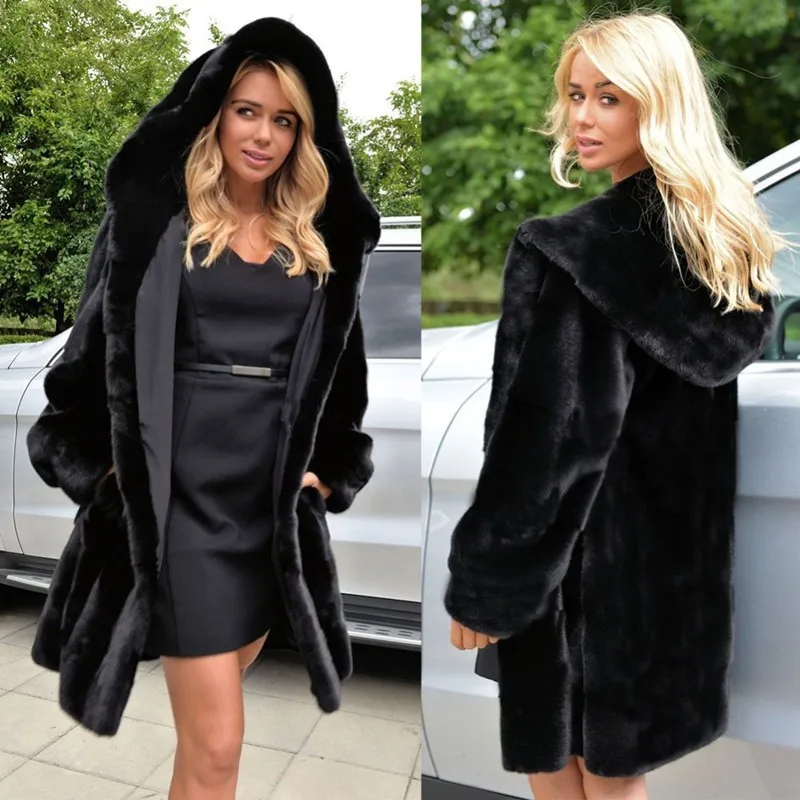 

TUHAO Plus Size Women's Coats 2019 Women Autumn Winter Loose Faux Fur Coat Long Hooded Black Colour Fur Coat Oversize LQ321