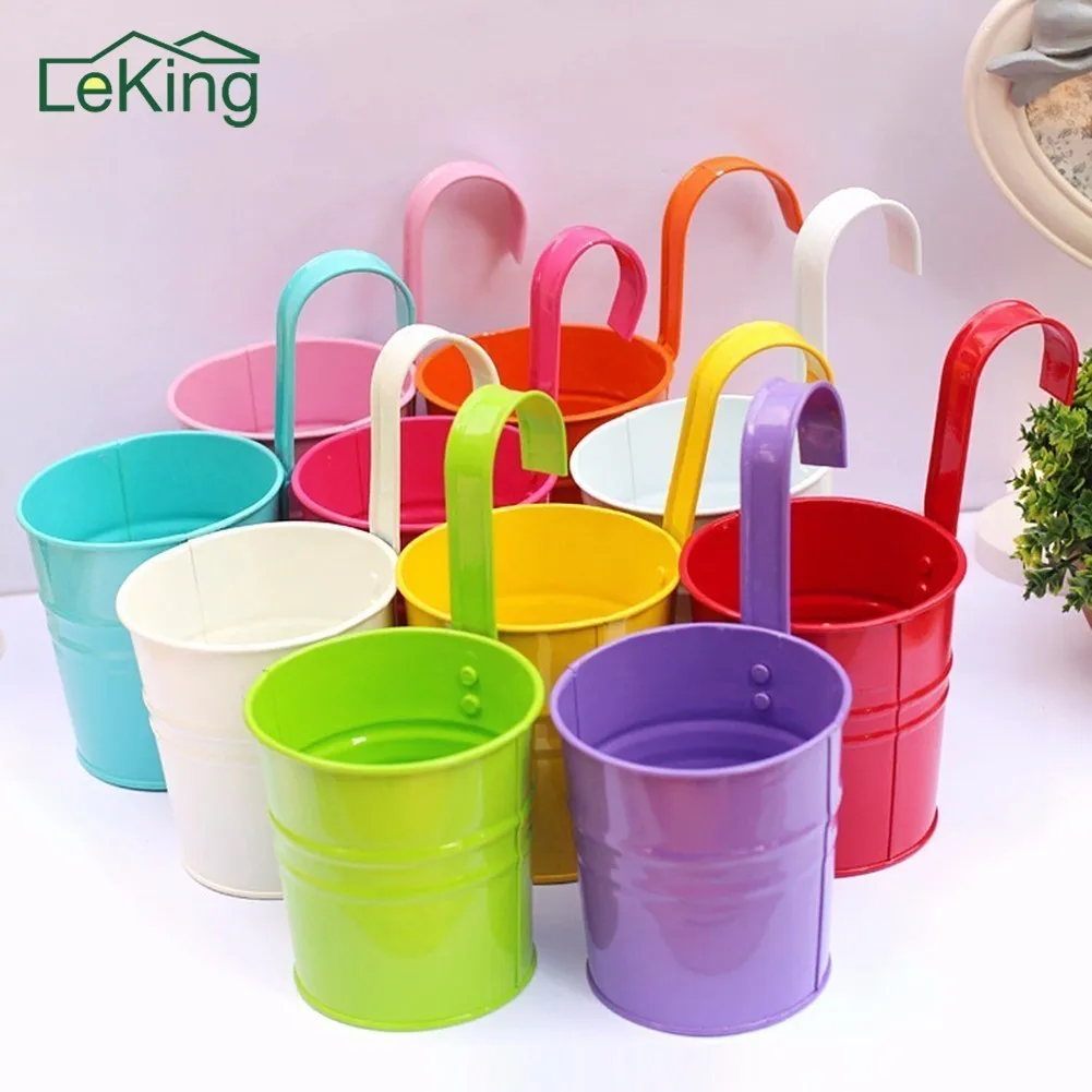 

1Pc Colorful Hanging Flower Pots Metal Iron Balcony Garden Plant Planter With Detachable Hook For Home Decor