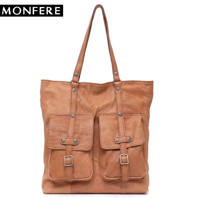 

SC Cow Leather Large Capacity Tote Bags Women Luxury Handmade Leather Front Pockets Casual Soft High Quality Big ShoulderBag