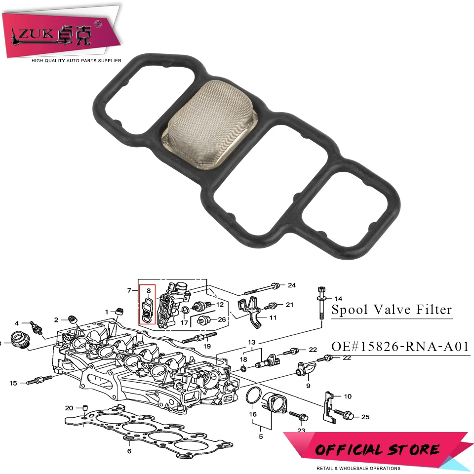 

ZUK VTEC Solenoid Gasket Spool Valve Filter Assy For HONDA CIVIC ACCORD CITY CRV JADE VEZEL HRV 1.8L 2.0L OE# 15826-RNA-A01