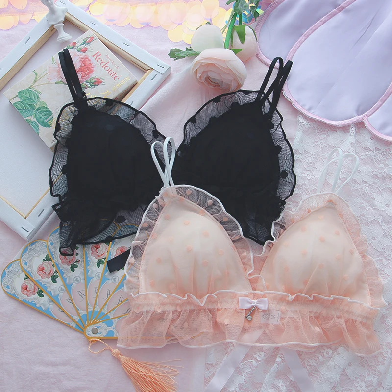 

Sexy Kawaii Japanese Lolita Princess Cute Wave Point Mesh Flouncing Lingerie Set Bra & Panties Set Bikini Set Women's Underwear