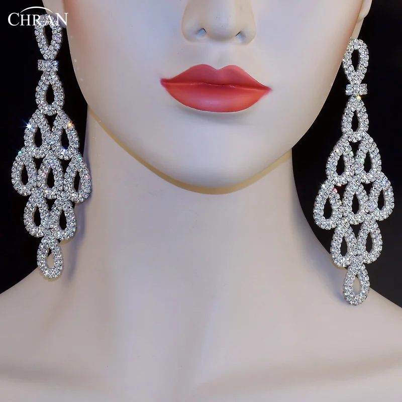 

CHRAN Luxury Sparkling Crystal Rhinestone Teardrop Shape Long Exaggerated Earrings for Women Silver Plated Wedding Jewelry