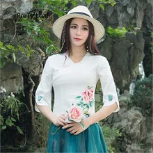 Летняя новая хлопковая Футболка с вышивкой в этническом стиле