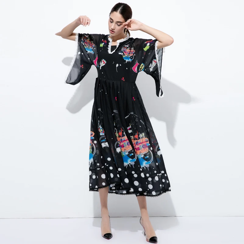Hoge kwaliteit 2017 nieuwe designer vrouwen fashion runway zwarte Maxi jurk V-hals Batwing Mouw afdrukken Losse Vintage Lange jurk Hoge kwaliteit 2017 nieuwe designer vrouwen fashion runway zwarte Maxi jurk V-hals Batwing Mouw afdrukken Losse Vintage Lange jurk