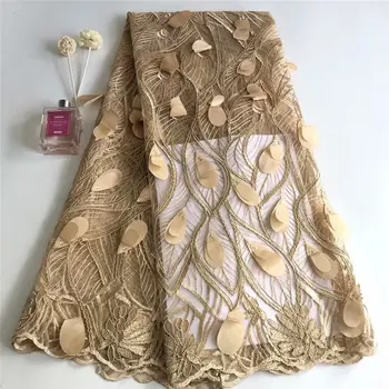 

african lace fabric with 3D flower 2019 latest Design gold France lace fabric high quality 3d lace fabric for wedding 5yards/lot