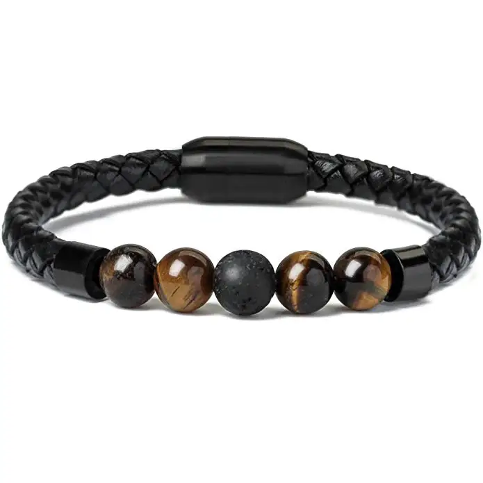 

7 Chakra Lava Rock Bracelet Healing Balancing Genuine Leather Bracelets with Magnetic Clasp Tiger Eye Howlite for Men