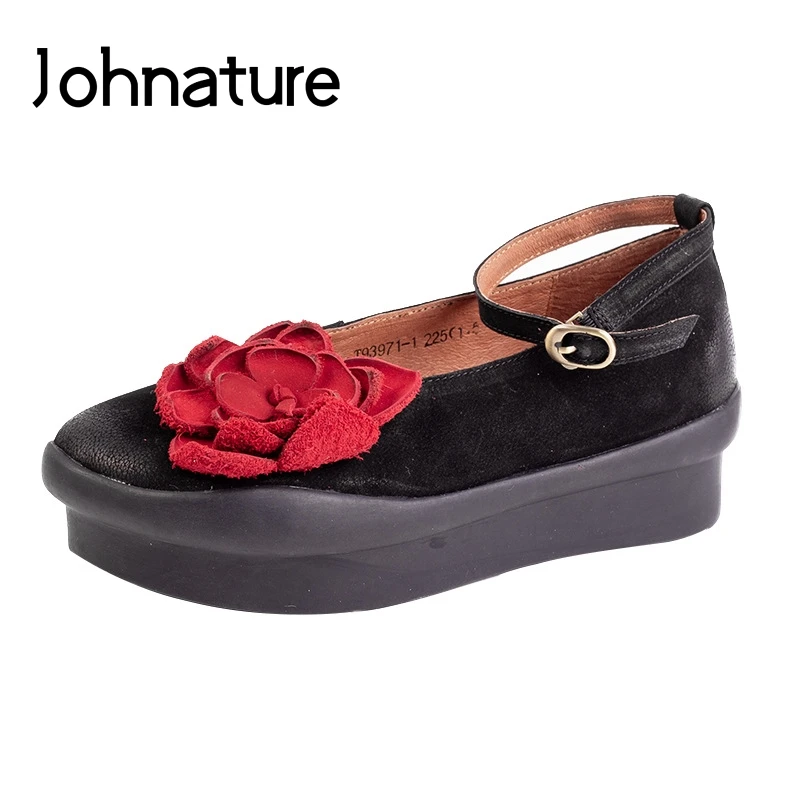 

Johnature 2019 Spring/Summer New Round Toe Genuine Leather Retro Casual Sewing Buckle Strap Flower Platform Women Shoes Pumps