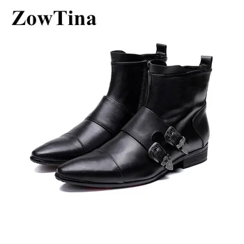 

Black Leather Men Winter Boots Handmade Double Buckle Short Booties Shoes Big Size 46 Military Wok Boots for Man Botas Masculino