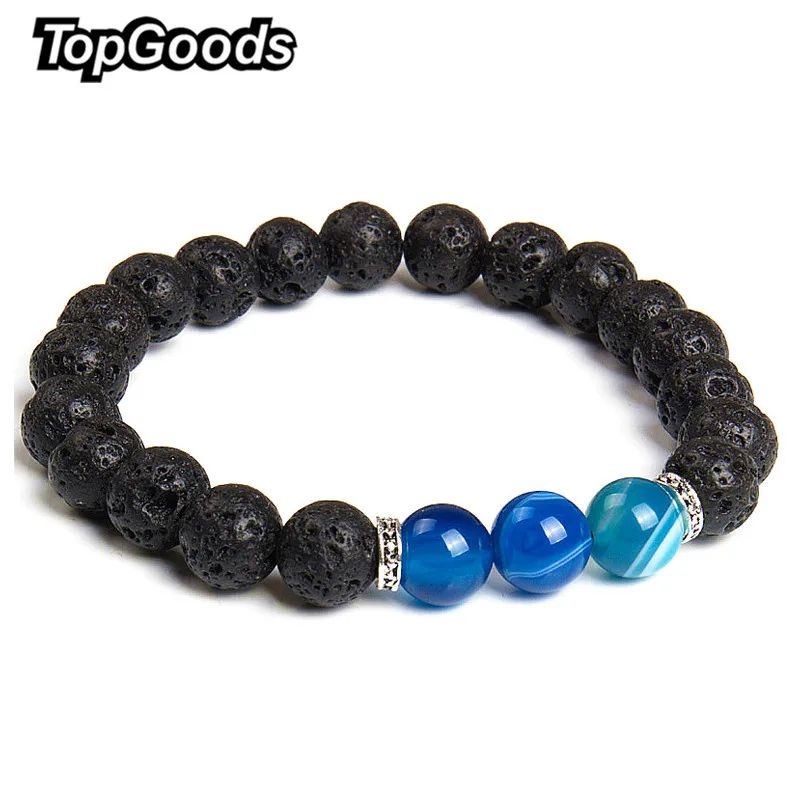 

TopGoods Natural Black Lava Bracelet Women Fashion Jewelry DIY Blue agate Round Charm Bracelets For Men Yoga Bracelet