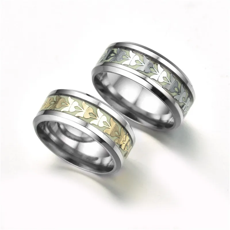 Modyle Green Glow in the Dark Stainless Steel Butterfly Wedding Band Luminous Ring for Woman Man