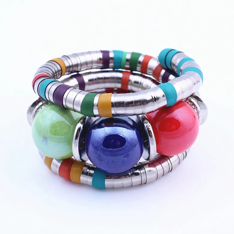 

Hot Jewelry silver/gold Color Snake Bracelet Resin Inlay Roundness Bead Flexible Adjust Bracelet Bangles