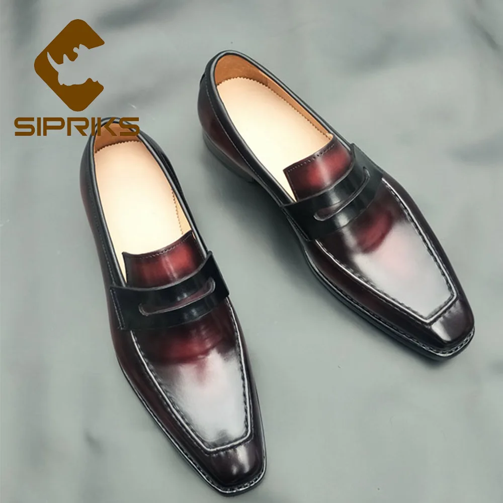 US $250.29 Sipriks Mens Genuine Calfskin Shiny Loafers Red Black Penny Loafer Italian Handmade Goodyear Welted Dress Shoes Slip On Footwear