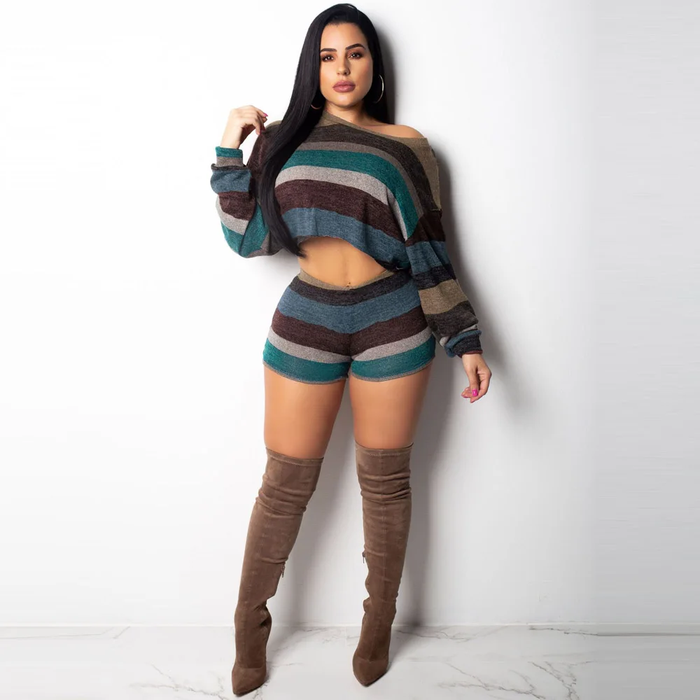 Two Piece Set Striped Playsuits Casual Short Pants Jumpsuit Rompers Sexy Crop Top Bodycon Overalls Long Sleeve Women Bodysuit