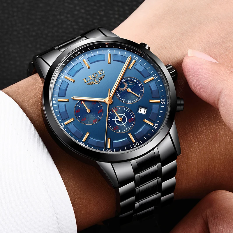 

LIGE Men's Waterproof Quartz Watch Full steel Men Watches Dress Business Fashion Casual Sport Moon Phase Black Blue Male Clock