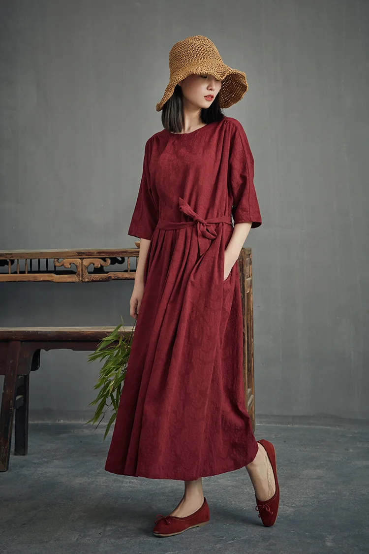 

Fashion Half Sleeve High Waisted Pleated Jacquard Cotton Linen With Sash Dress, White Wine Red Elegant Ladies Summer Fit Robe