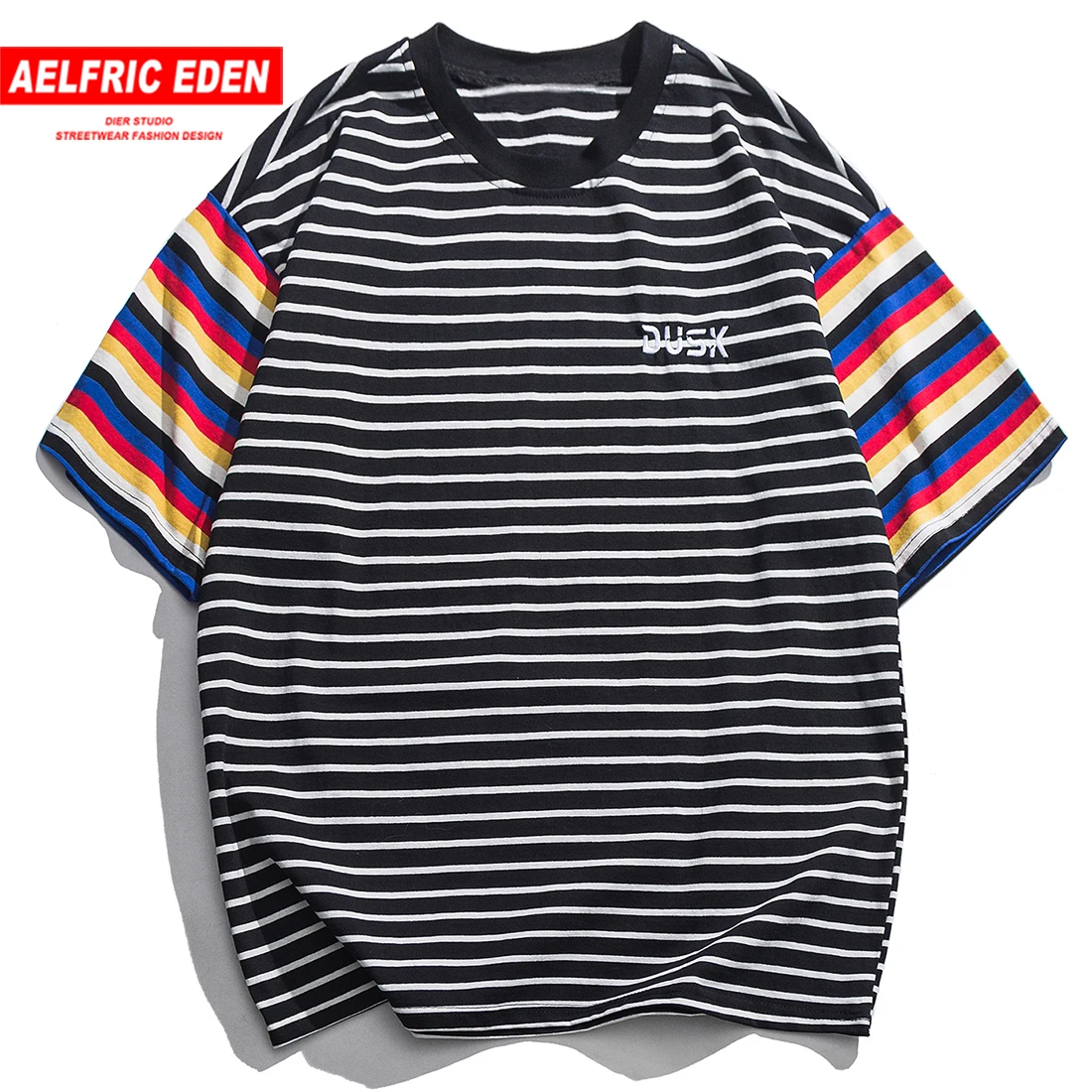 

Aelfric Eden Striped Color Patchwork Fashion T-shirts Men Cotton Casual Streetwear Harajuku Short Sleeve Hip Hop Tees Shirts