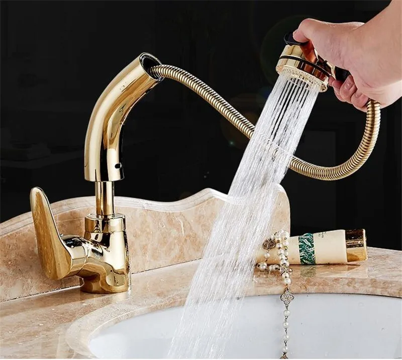 MOIIO Modern Gold Bathroom Faucet Height Adjustable Multifunction Pull Out Bathroom Faucet 360 Rotation Hot&Cold Water Mixer Tap