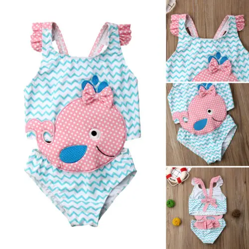 

US Stock Baby Girls Goldfish Wave Pattern One Piece Swimwear Swimsuit Beachwear Bathing Suit